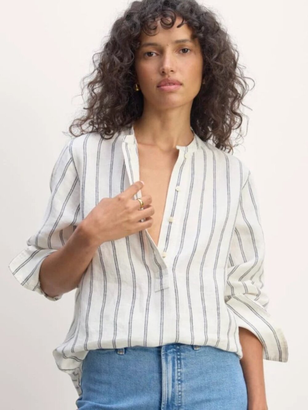 Everlane The Henley Shirt in Linen Bone & Navy Stripe Size 14